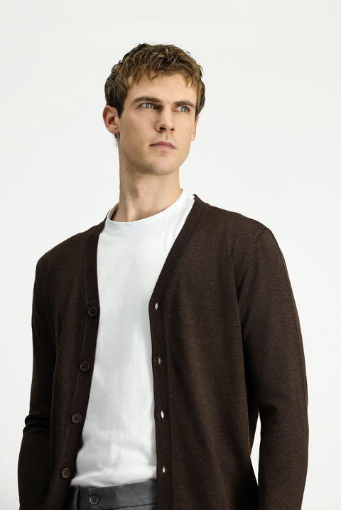 Koyu Kahve Melanj V Yaka Düğmeli Yünlü Örme Triko Hırka