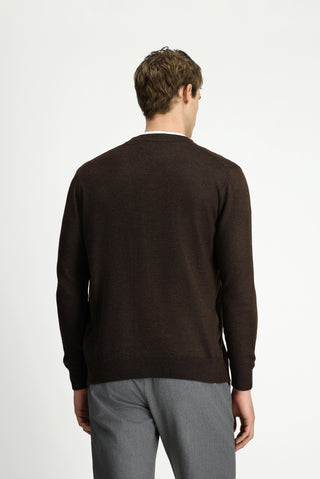  Koyu Kahve Melanj V Yaka Dü?meli Yünlü Örme Triko H?rka-Ki??l?