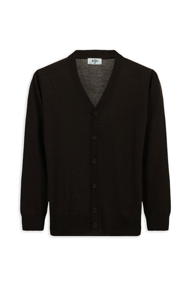 Koyu Kahve Melanj V Yaka Düğmeli Yünlü Örme Triko Hırka