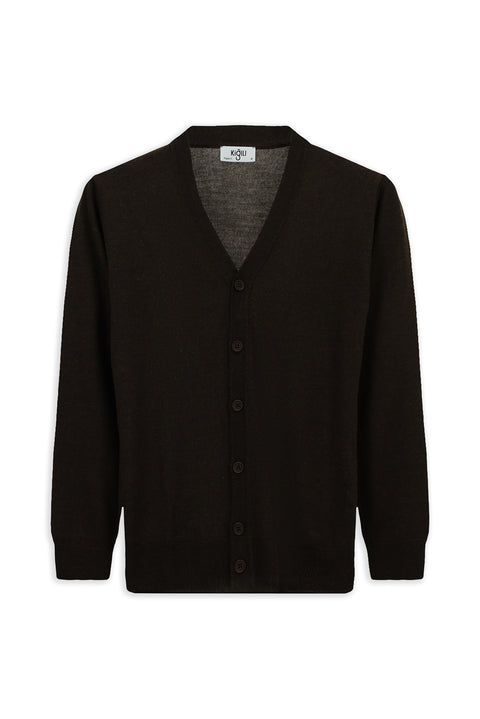 Koyu Kahve Melanj V Yaka Düğmeli Yünlü Örme Triko Hırka