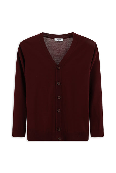 Koyu Bordo V Yaka Düğmeli Yünlü Örme Triko Hırka