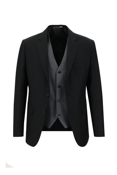 Açık Siyah Slim Fit Dar Kesim Kombinli Yelekli Takım Elbise
