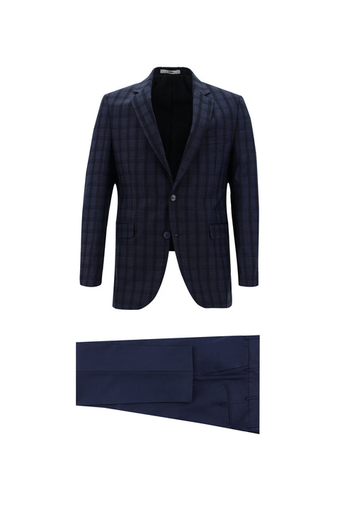 Açık Lacivert 7 Drop Slim Fit Dar Kesim Kombinli Ekose Takım Elbise