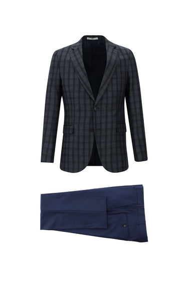 Orta Antrasit Slim Fit Dar Kesim Kombinli Ekose Takım Elbise