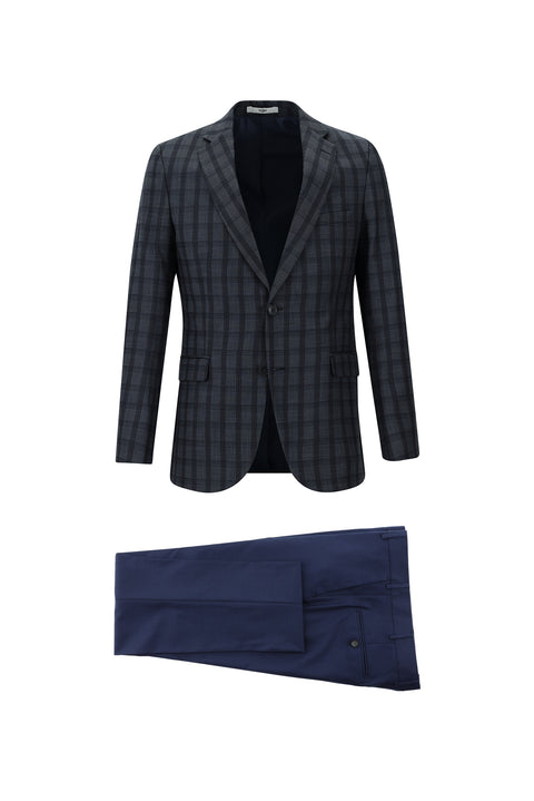 Orta Antrasit 7 Drop Slim Fit Dar Kesim Kombinli Ekose Takım Elbise