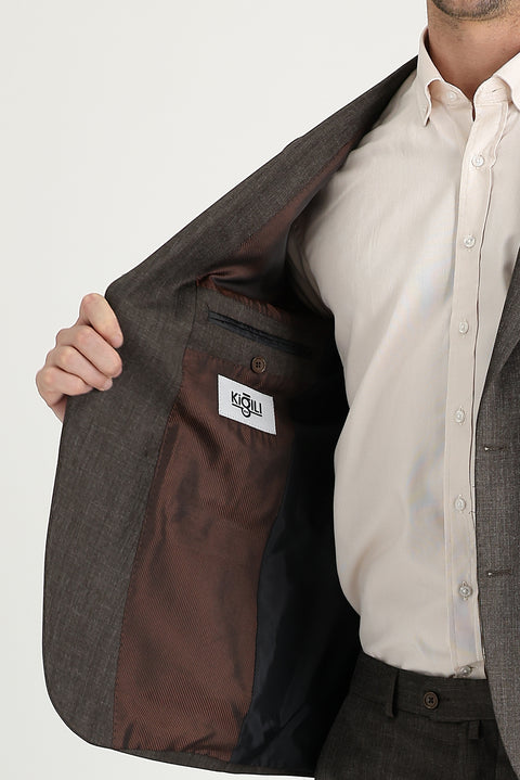 Orta Kahve 6 Drop Regular Fit Standart Kesim Desenli Takım Elbise