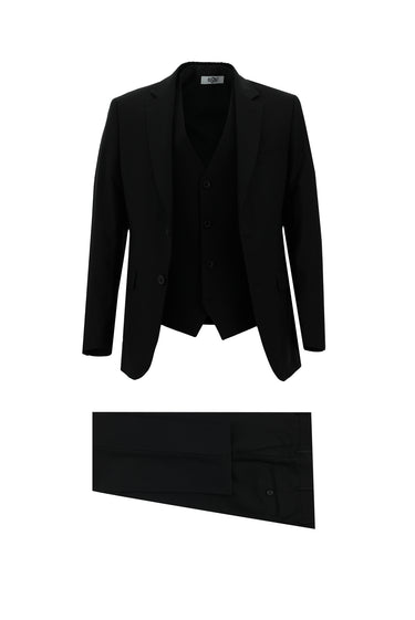 Siyah Slim Fit Dar Kesim Klasik Yelekli Takım Elbise