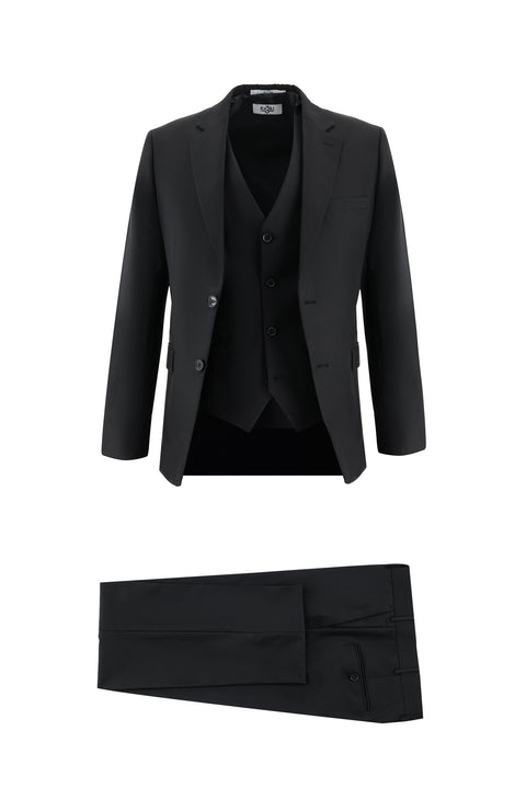 Siyah 7 Drop Slim Fit Dar Kesim Yelekli Takım Elbise