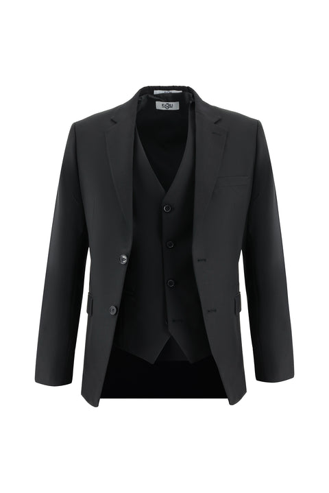 Siyah 7 Drop Slim Fit Dar Kesim Yelekli Takım Elbise