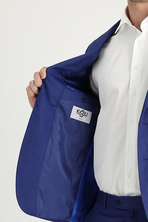 Saks Mavi 7 Drop Slim Fit Dar Kesim Desenli Takım Elbise