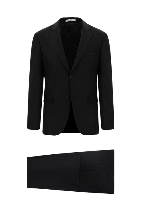 Black 6-Drop Regular Fit Standard Cut Wool Suit