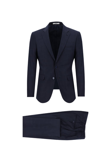 Koyu Lacivert Slim Fit Dar Kesim Beli Lastikli İpli Desenli Takım Elbise