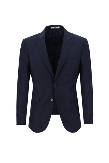 Koyu Lacivert Slim Fit Dar Kesim Beli Lastikli İpli Desenli Takım Elbise