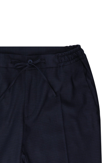 Koyu Lacivert Slim Fit Dar Kesim Beli Lastikli İpli Desenli Takım Elbise