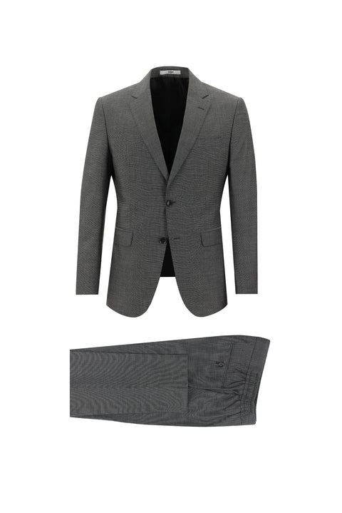 Orta Antrasit 7 Drop Slim Fit Dar Kesim Beli Lastikli İpli Desenli Takım Elbise