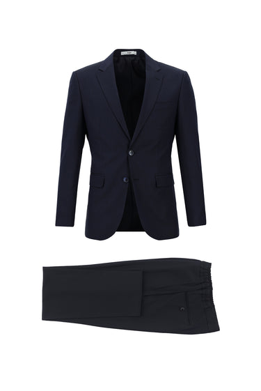 Koyu Lacivert Super Slim Fit Ekstra Dar Kesim Beli Lastikli İpli Desenli Takım Elbise