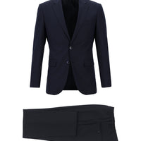 Koyu Lacivert Slim Fit Dar Kesim Beli Lastikli İpli Desenli Takım Elbise