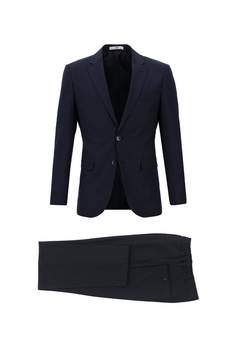 Koyu Lacivert 7 Drop Slim Fit Dar Kesim Beli Lastikli İpli Desenli Takım Elbise