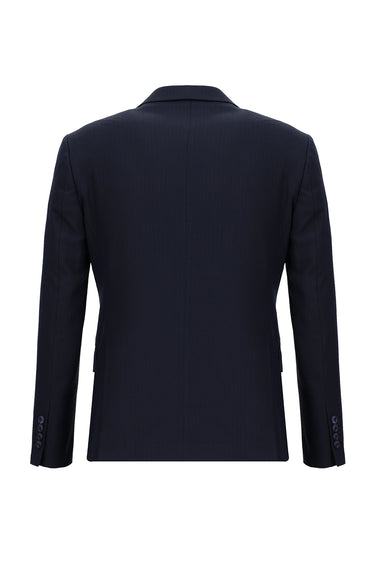 Koyu Lacivert Slim Fit Dar Kesim Beli Lastikli İpli Desenli Takım Elbise