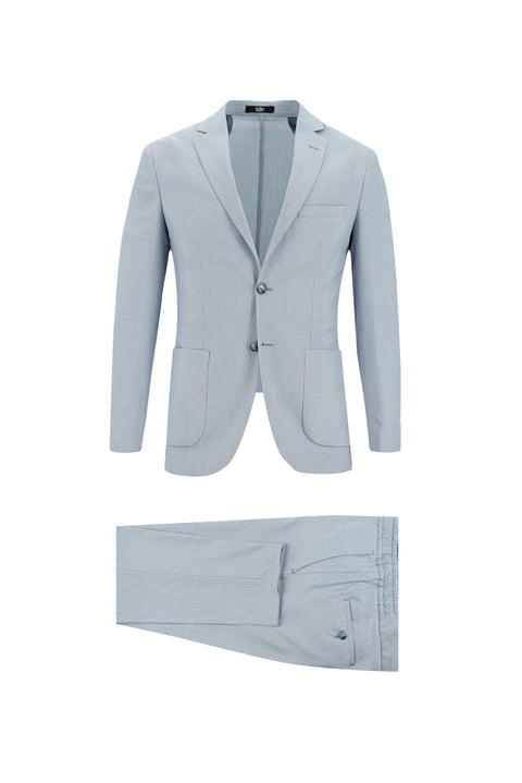 Açık Mavi 7 Drop Super Slim Fit Eksra Dar Kesim Fit Beli Lastikli İpli Desenli Takım Elbise