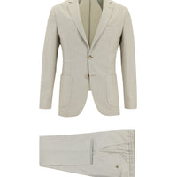 Orta Bej Super Slim Fit Ekstra Dar Kesim Fit Beli Lastikli İpli Desenli Takım Elbise