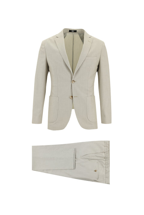 Orta Bej 7 Drop Super Slim Fit Eksra Dar Kesim Beli Lastikli İpli Desenli Takım Elbise