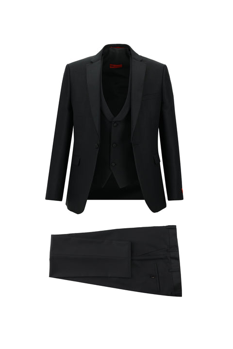 Siyah 7 Drop Slim Fit Dar Kesim Mono Yaka Yelekli Smokin & Damatlık