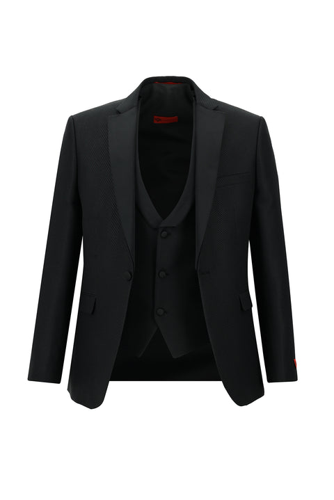 Siyah 7 Drop Slim Fit Dar Kesim Mono Yaka Yelekli Smokin & Damatlık