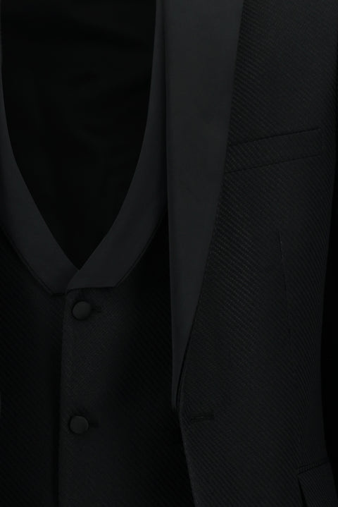 Siyah 7 Drop Slim Fit Dar Kesim Mono Yaka Yelekli Smokin & Damatlık