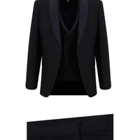 Koyu Lacivert 7 Drop Slim Fit Dar Kesim Şal Yaka Yelekli Yünlü Smokin & Damatlık