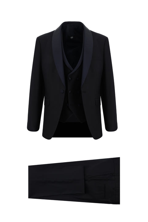 Koyu Lacivert 7 Drop Slim Fit Dar Kesim Şal Yaka Yelekli Yünlü Smokin & Damatlık