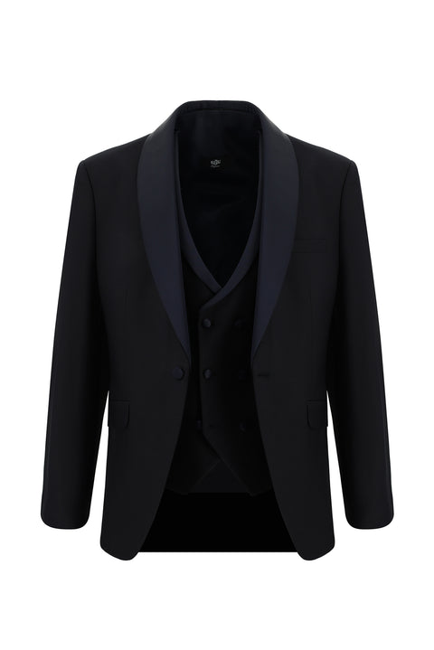 Koyu Lacivert 7 Drop Slim Fit Dar Kesim Şal Yaka Yelekli Yünlü Smokin & Damatlık