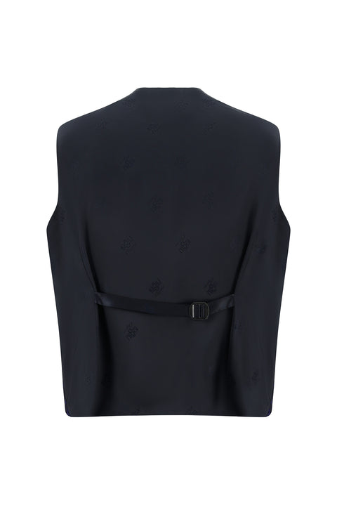 Koyu Lacivert 7 Drop Slim Fit Dar Kesim Şal Yaka Yelekli Yünlü Smokin & Damatlık