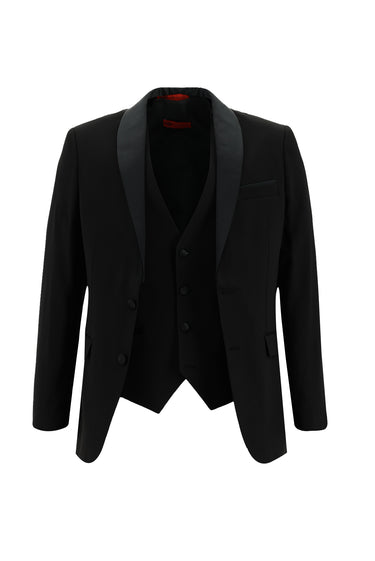 Siyah Slim Fit Dar Kesim Şal Yaka Yelekli Smokin & Damatlık
