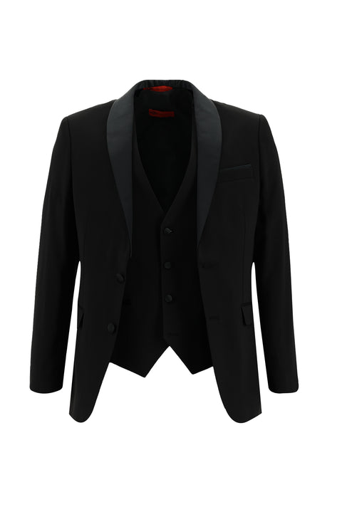 Siyah 7 Drop Slim Fit Dar Kesim Şal Yaka Yelekli Smokin & Damatlık