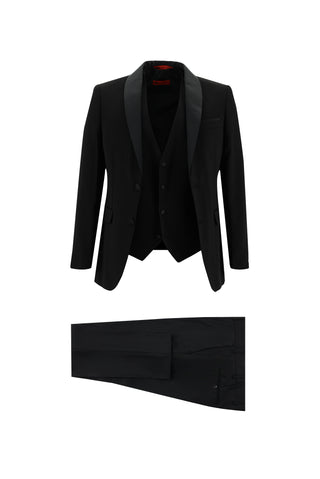  Siyah Slim Fit Dar Kesim Şal Yaka Yelekli Smokin & Damatlık
