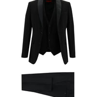 Siyah 7 Drop Slim Fit Dar Kesim Şal Yaka Yelekli Smokin & Damatlık