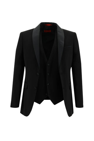  Siyah Slim Fit Dar Kesim Şal Yaka Yelekli Smokin & Damatlık