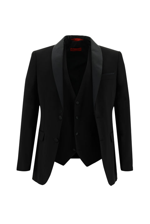 Siyah 7 Drop Slim Fit Dar Kesim Şal Yaka Yelekli Smokin & Damatlık