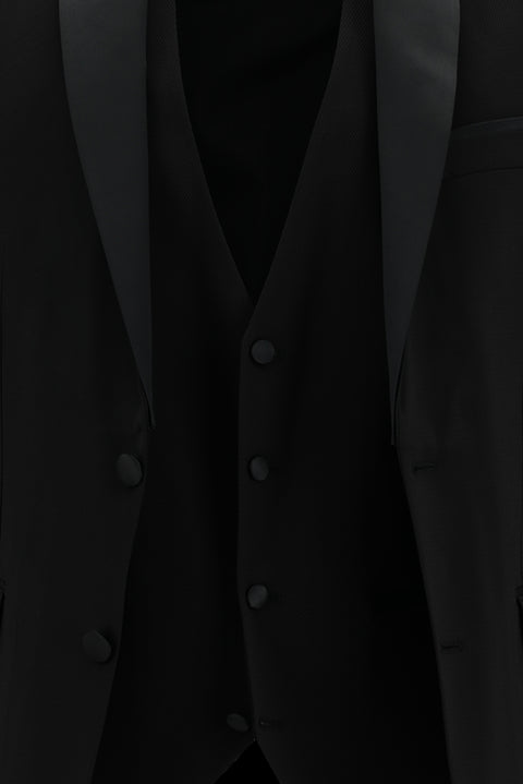 Siyah 7 Drop Slim Fit Dar Kesim Şal Yaka Yelekli Smokin & Damatlık