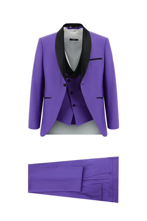 Lila 7 Drop Slim Fit Dar Kesim Şal Yaka Yelekli Smokin & Damatlık