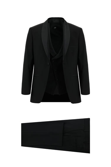 Siyah Slim Fit Dar Kesim Şal Yaka Yelekli Smokin & Damatlık