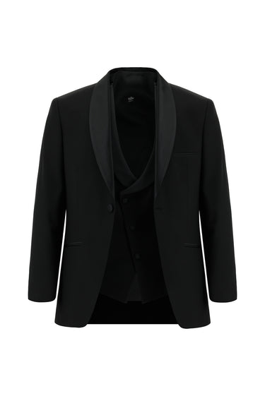 Siyah Relaxed Fit Rahat Kesim Şal Yaka Yelekli Smokin & Damatlık