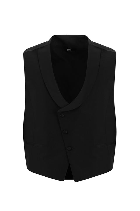 Siyah 4 Drop Relaxed Fit Rahat Kesim Şal Yaka Yelekli Smokin & Damatlık