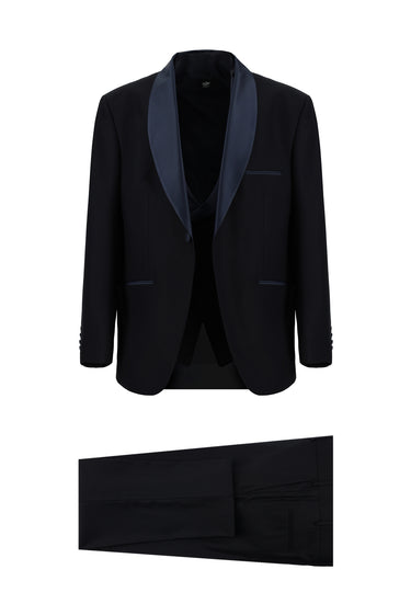 Koyu Lacivert Slim Fit Dar Kesim Şal Yaka Yelekli Smokin & Damatlık