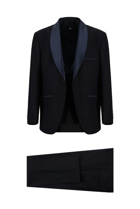 Dark Navy 7 Drop Slim Fit Narrow Cut Shawl Collar Vest Tuxedo & Groom Suit