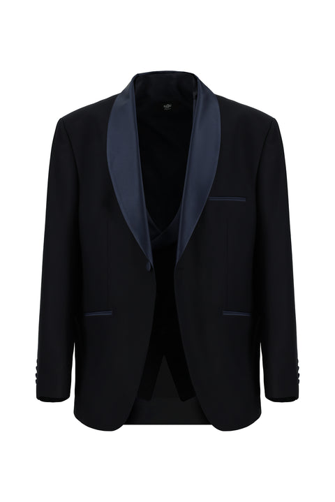 Koyu Lacivert 7 Drop Slim Fit Dar Kesim Şal Yaka Yelekli Smokin & Damatlık