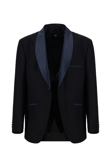 Koyu Lacivert Slim Fit Dar Kesim Şal Yaka Yelekli Smokin & Damatlık