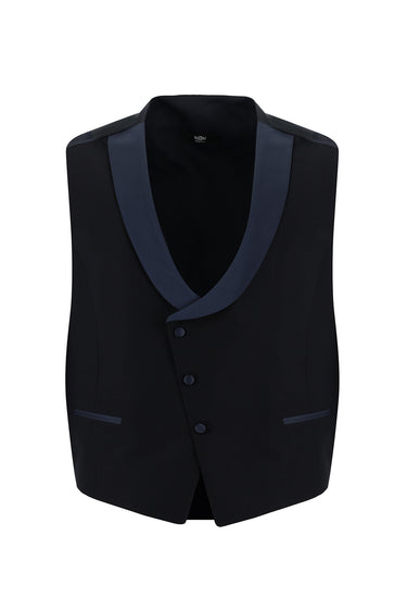 Koyu Lacivert Slim Fit Dar Kesim Şal Yaka Yelekli Smokin & Damatlık