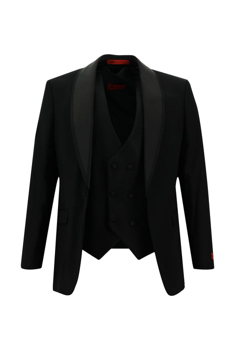 Siyah 7 Drop Slim Fit Dar Kesim Şal Yaka Yelekli Smokin & Damatlık